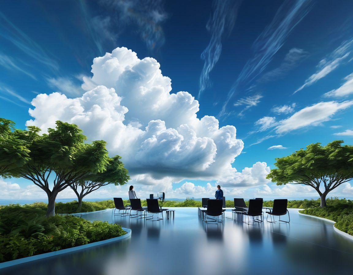 An ethereal landscape showing a futuristic cloud with digital files and documents swirling around like fluffy clouds in a bright blue sky. Below, a sleek office scene showcases diverse individuals interacting with holographic interfaces, representing online document management. Lush greenery and vibrant colors symbolize growth and innovation in technology. super-realistic. vibrant colors. 3D.