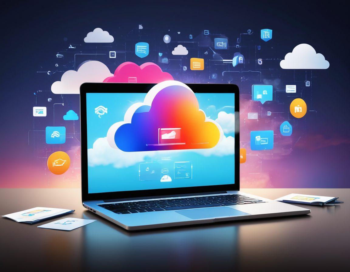 A visually appealing workspace featuring a sleek laptop with digital file icons floating around it, symbolizing efficient file sharing. Include a vibrant file folder with a lock to signify security, and layered clouds in the background representing cloud storage. Integrate elements like graphs and charts to indicate organization and efficiency. super-realistic. vibrant colors. minimalistic style.